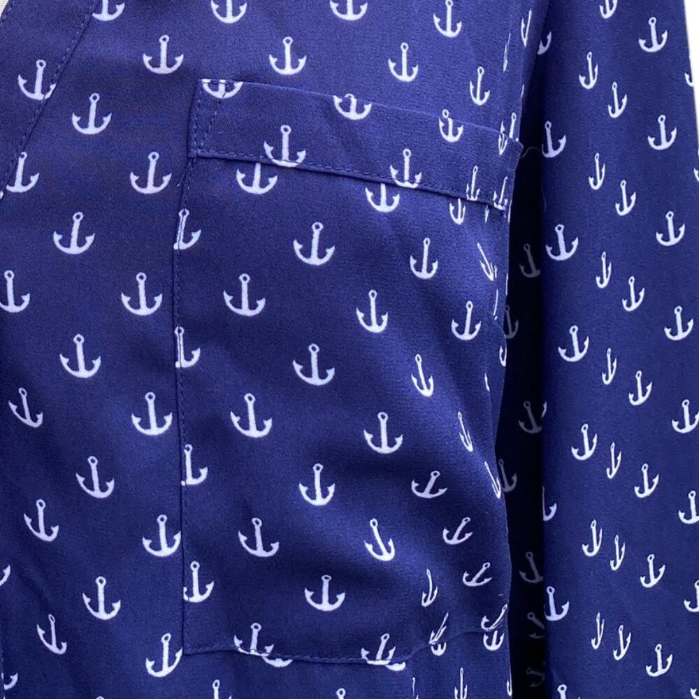 Express The Portofino Shirt Blue Nautical Anchor Print Roll Tab Coastal Preppy-L - Picture 4 of 15